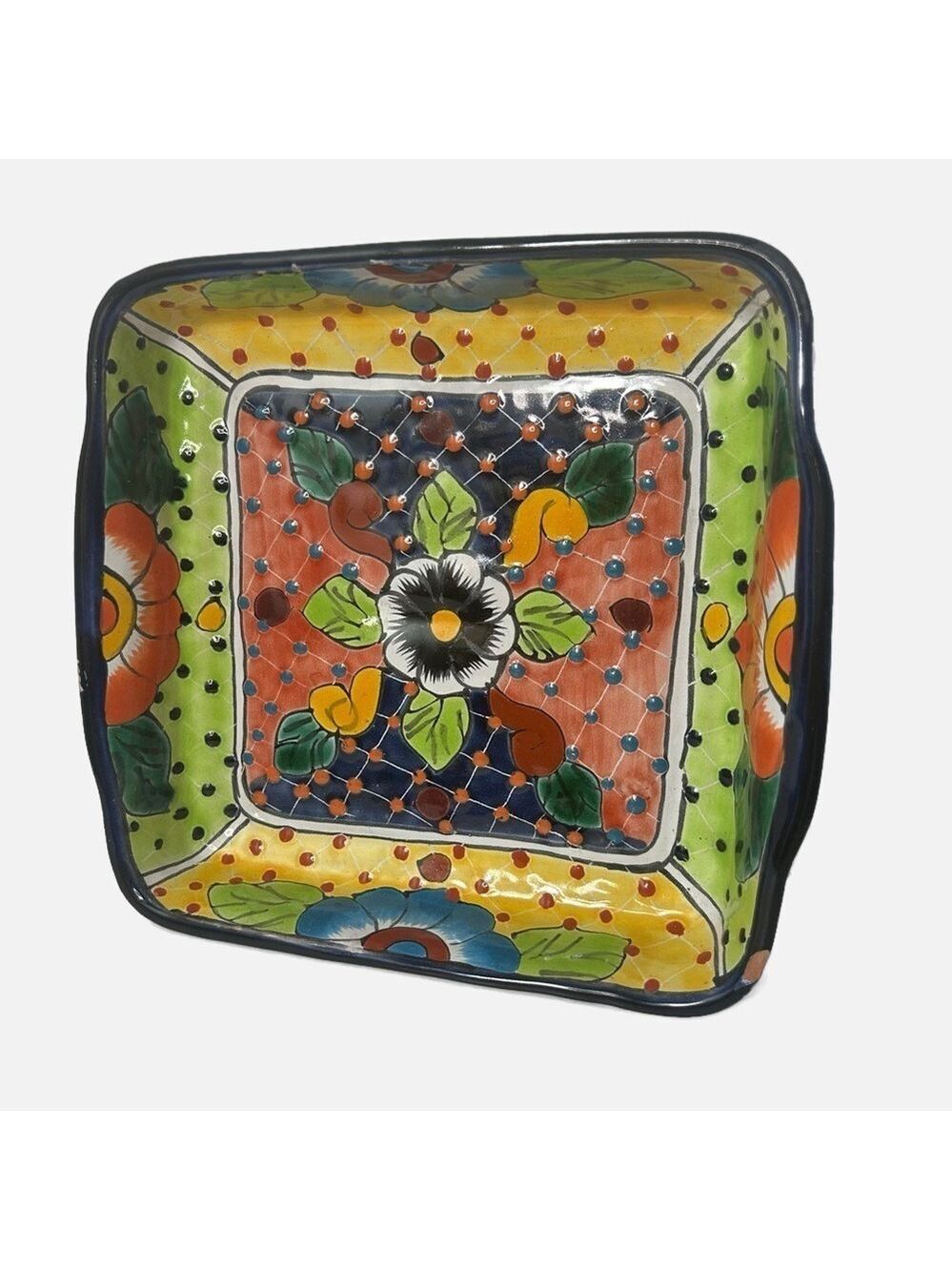 Talavera Me I I Pottery Dish Floral Square Dotted Small Chip See Pics